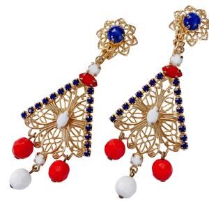 Vintage Chandelier Earrings Clip On Red White Blue Patriotic USA 1960s